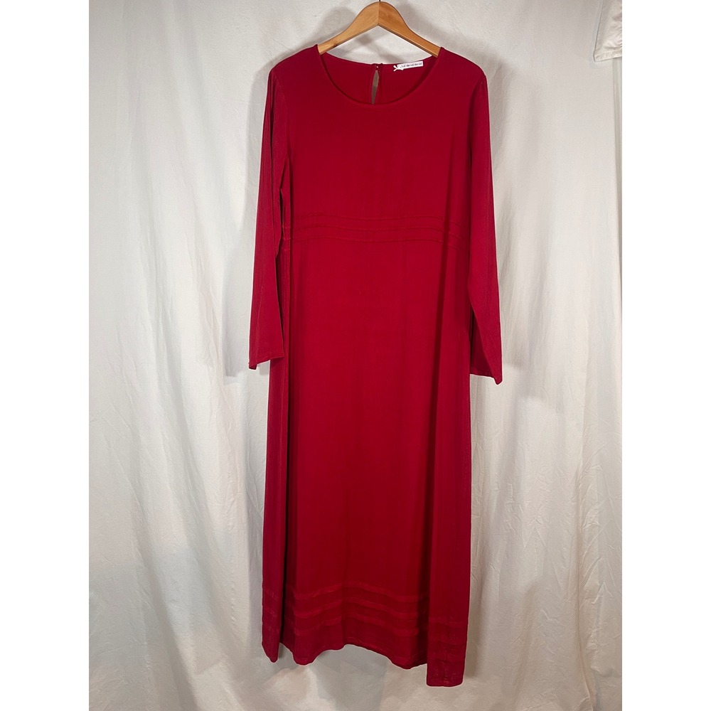 E.D. Lee Red Lyocell Rayon Long Sleeve Pleated Waist Maxi Dress Size L USA Made